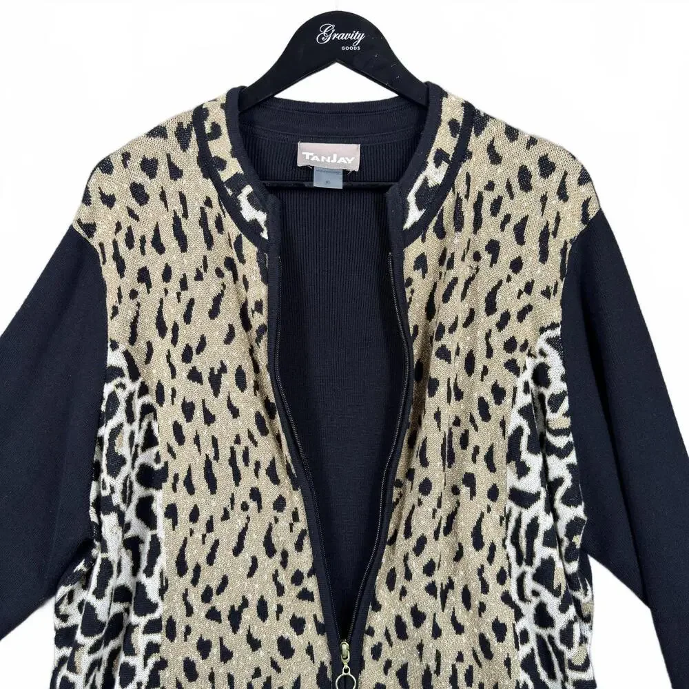 TanJay Women's Animal Print Zip-Up Cardigan Jacket XL Cheetah Leopard Black Gold